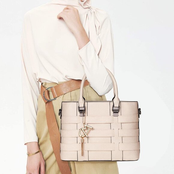 PU Leather Weave Beige Shoulder Bag for Women Elegant Top Handle Designer Purse - Picture 6 of 7